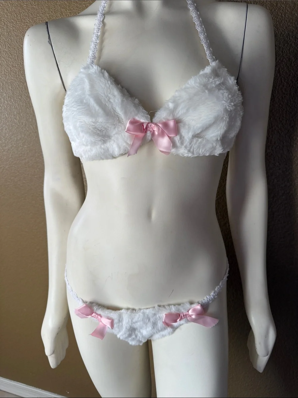 1990s Vintage White Faux Fur Bra & Panty Set with Pink Bows & bunny tail